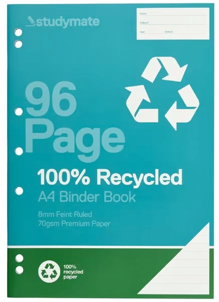 Studymate A4 70gsm 8mm Ruled Binder Book 96 Page - Recycled