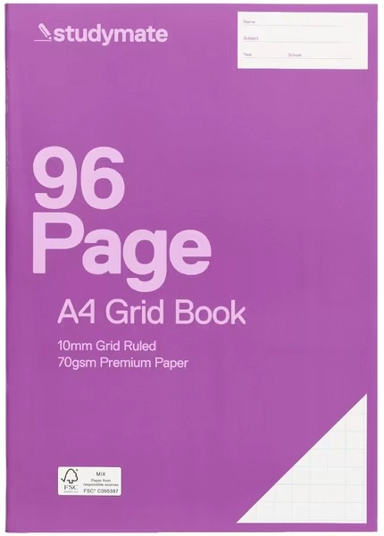 Studymate A4 96 Page 70gsm 10mm Grid Book