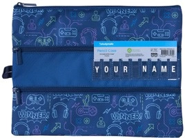 Studymate Printed Large Triple Zip Name Pencil Case - Navy Gamer