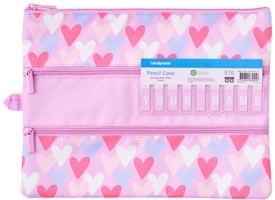 Studymate Printed Large Triple Zip Name Pencil Case - Pink Hearts