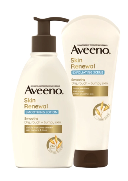 Aveeno Skin Renewal Smoothing Fragrance Free Body Lotion 354ml or Exfoliating Body Scrub For Dry Skin 225g