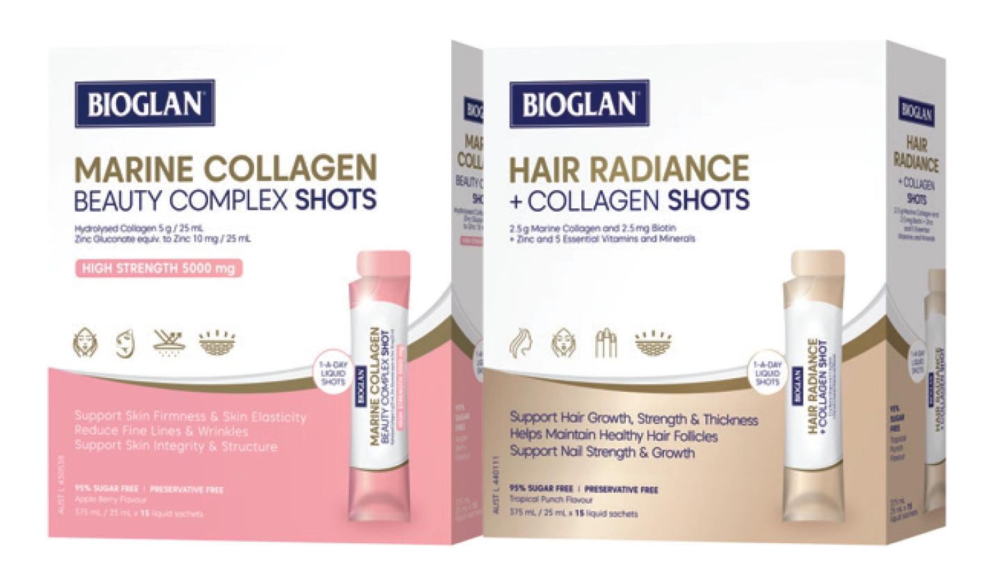 Bioglan Marine Collagen Beauty Complex or Hair Radiance + Collagen Shots 25ml x 15 Shots