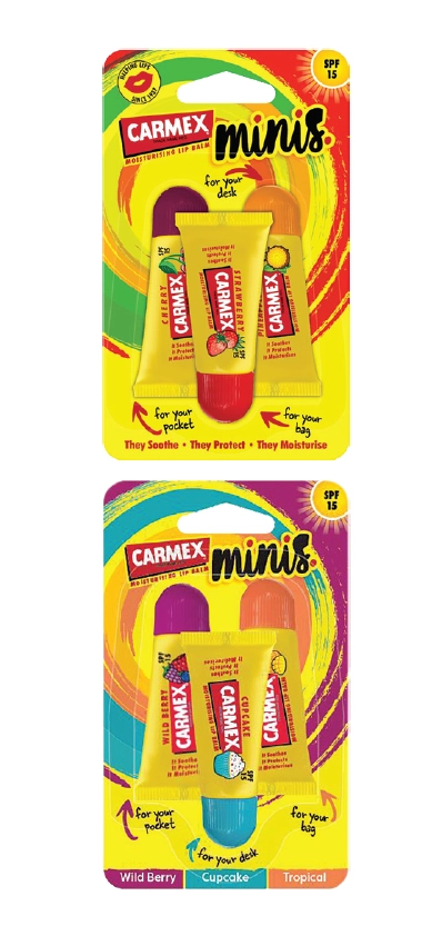 Carmex Lip Balm Squeeze Tube Minis Cherry Strawberry & Pineapple Mint or Wild Berry Cupcake & Tropical 3 Pack