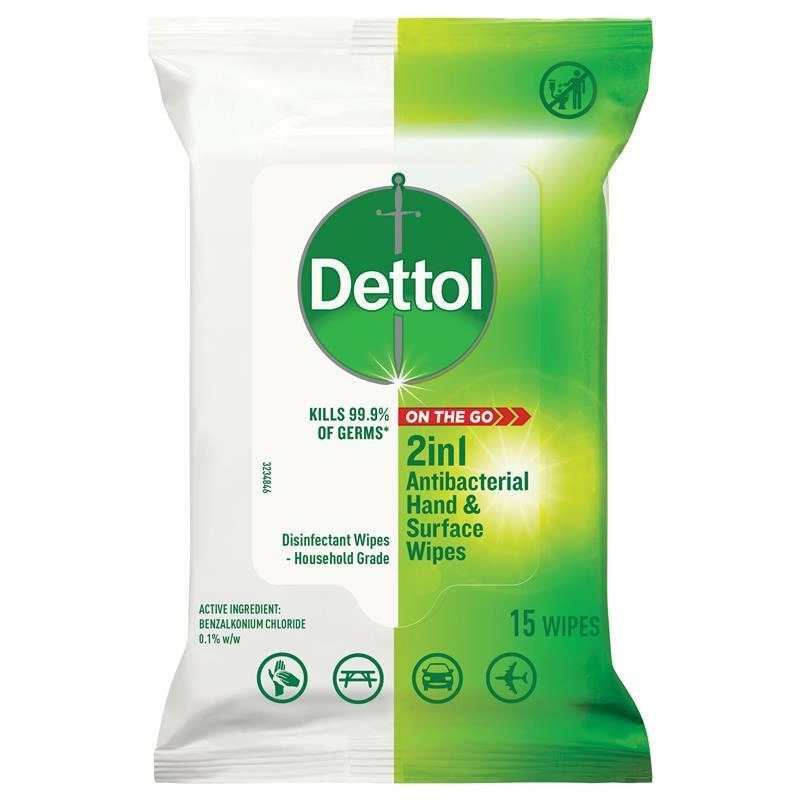 Dettol 2in1 Hands & Surfaces Anti-bacterial Wipes 15 Pack