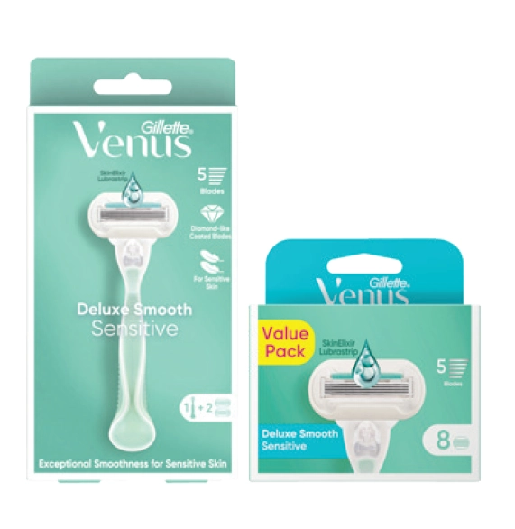 Gillette Venus Deluxe Smooth Sensitive Razor Handle + 2 Blade Refills or Women’s Razor Blade Refills 8 Pack