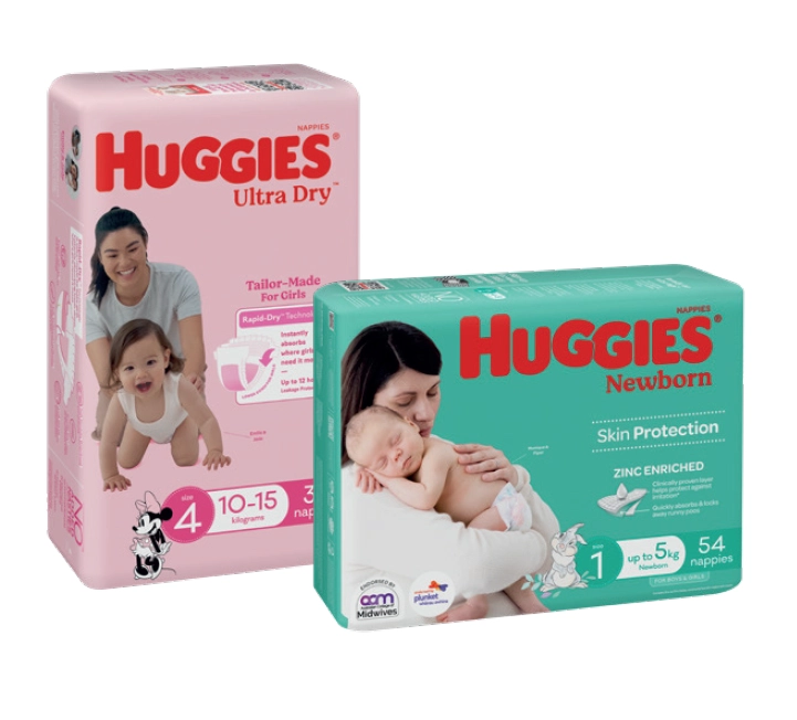 Huggies Ultra Dry Nappies Size 4 Girl 10-15kg 36 Pack or Ultimate Nappies Size 1 Newborn 5kg 54 Pack