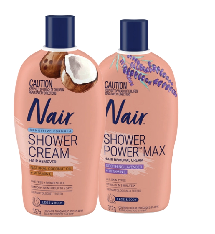 Nair Sensitive Hair Removal Shower Cream Natural Coconut Oil + Vitamin E 357g or Shower Power Max Soothing Lavender + Vitamin E 312g