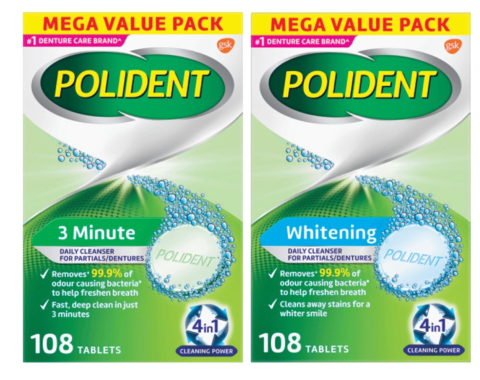 Polident 3 Minute or Whitening Denture Cleanser 108 Tablets Exclusive Size