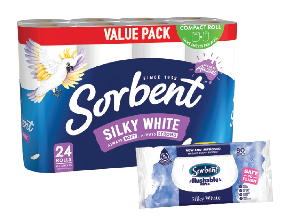 Sorbent Toilet Tissue Silky White 3PLY 24 Pack or Flushable Wipes 80 Pack