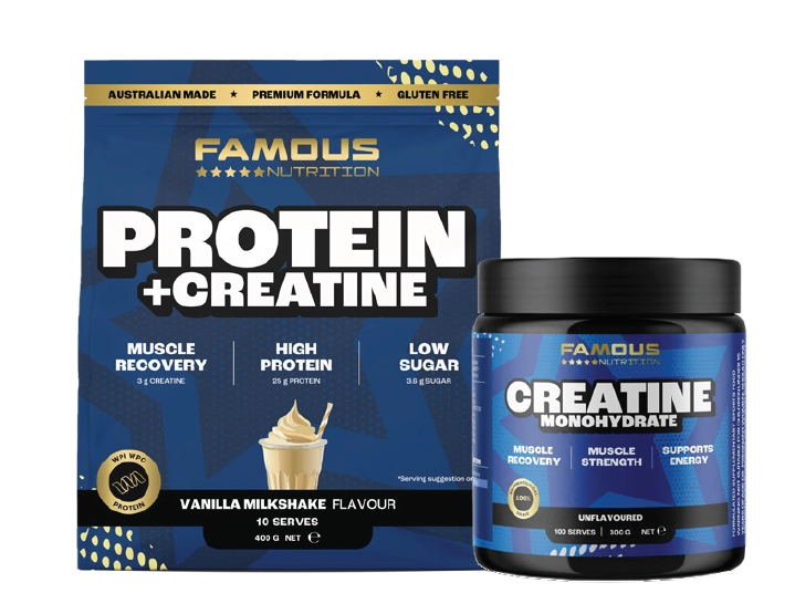 Famous Nutrition Creatine Monohydrate Unflavoured 300g, Protein + Creatine Vanilla Milkshake 400g