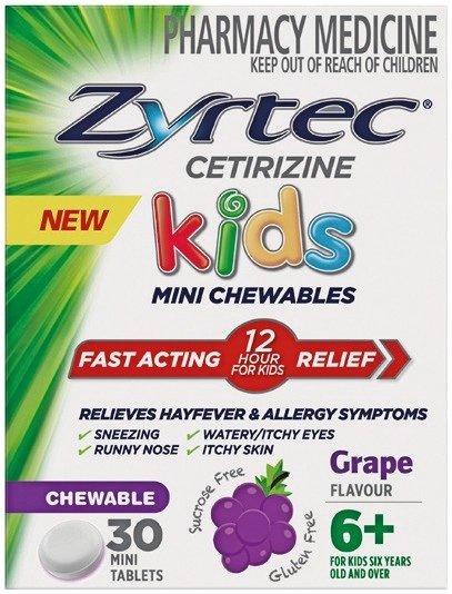 Zyrtec Kids Mini Chewables 6+ Years Grape Flavour 30 Mini Tablets