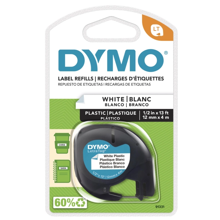 Dymo LetraTag Plastic Label Black on White tape