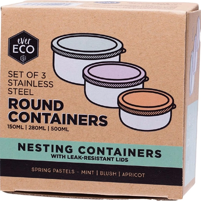 Ever Eco Stainless Steel Round Nesting Containers Pastel Collection 3 Pack