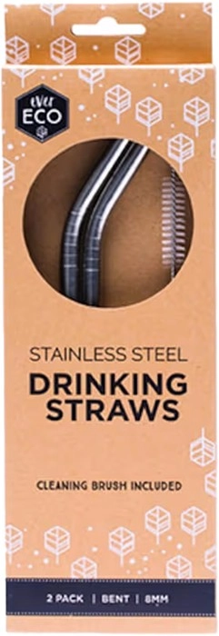 Ever Eco Stainless Steel Straws with Cleaning Brush Bent 2 Pack