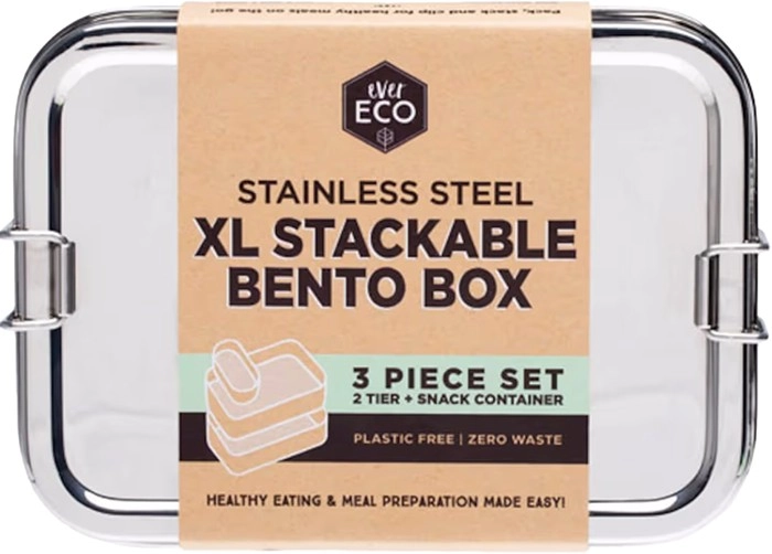 Ever Eco Stainless Steel XL Stackable Bento Box 2 Tier + Mini Snack Container 1900ml