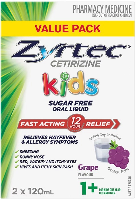 Zyrtec Kids Fast Acting Allergy & Hayfever Relief Grape Flavour Oral Liquid 2 X 120ml