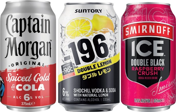 Captain Morgan & Cola 6%, Suntory -196 6% or Smirnoff Ice Double Black 6.5% Varieties 4 Pack