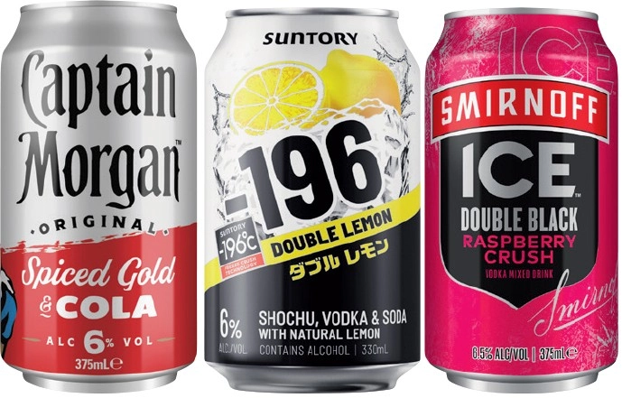 Captain Morgan & Cola 6%, Suntory -196 6% or Smirnoff Ice Double Black 6.5% Varieties 4 Pack