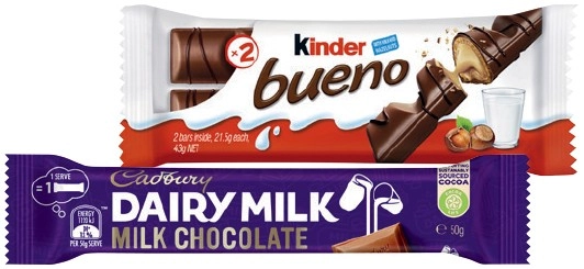 Kinder Bueno 39‑43g, Cadbury Medium Bars 30‑50g, Roll 40‑55g, Fry’s Turkish Delight, Toblerone or Violet Crumble Bar 50g Selected Varieties