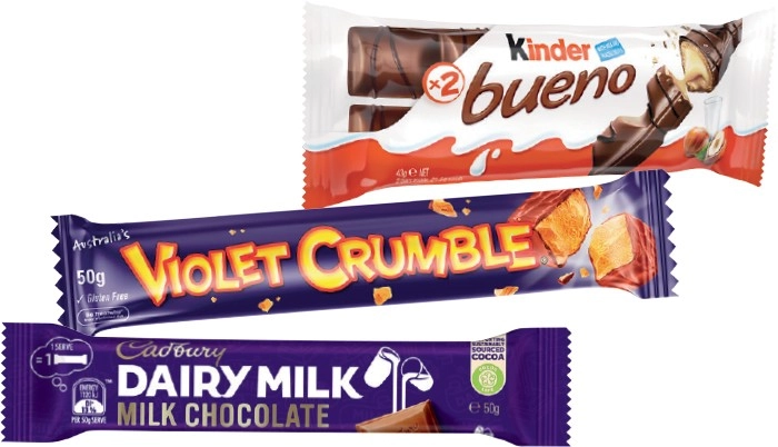 Cadbury Medium Bars 30‑50g, Rolls 40‑55g, Kinder Bueno 39‑43g, Violet Crumble or Toblerone 50g Selected Varieties