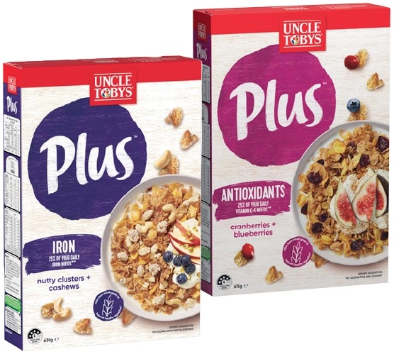 Uncle Tobys Plus Cereal 620-705g Selected Varieties