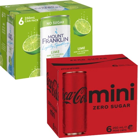 Coca-Cola, Deep Spring or Mt Franklin Mini Cans 6x250mL