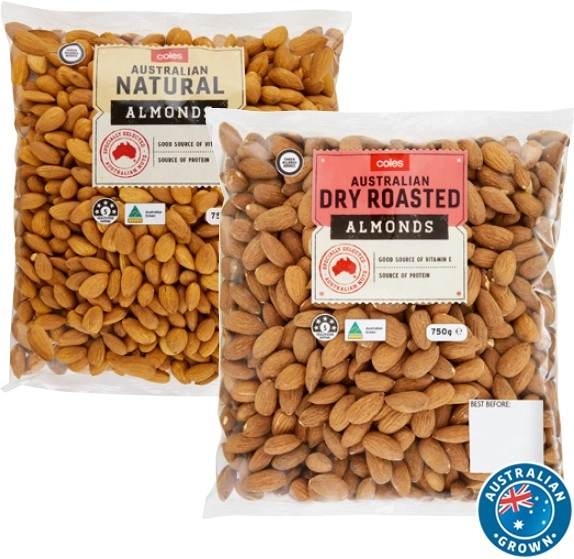 Coles Australian Dry Roasted or Natural Almonds 750g Pack