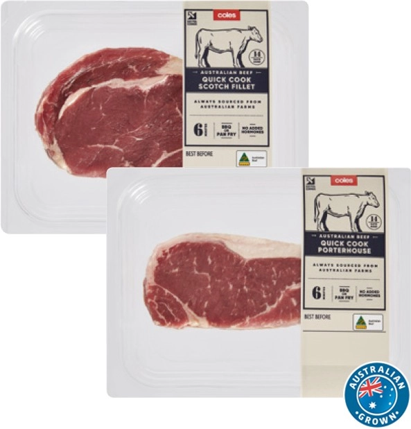 Coles Australian No Added Hormones Beef Quick Cook Scotch Fillet or Porterhouse Steak 170g-180g