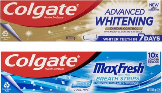 Colgate Advanced Tartar & Whitening or Max Fresh Toothpaste 115g