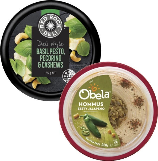 Obela Garnished Hommus 220g or Red Rock Deli Dip 135g