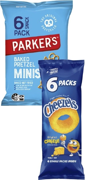 Parker's Pretzels or Cheezels 6 Pack 114g-150g