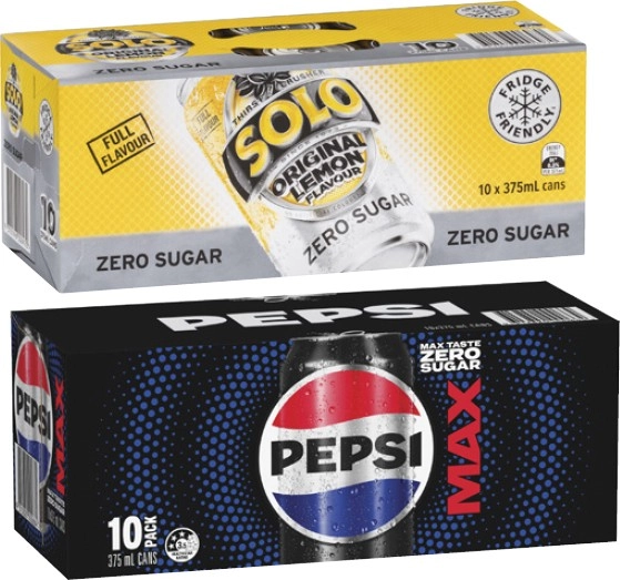 Pepsi, Solo or Schweppes Soft Drink 10x375mL