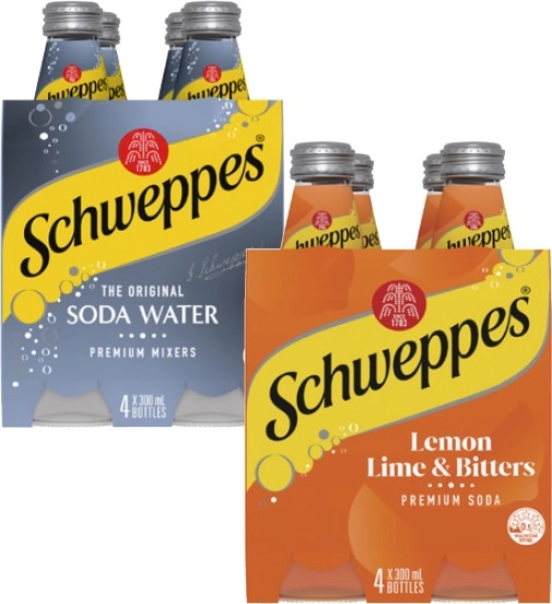 Schweppes Mixers, Soft Drink or Mineral Water 4x300mL