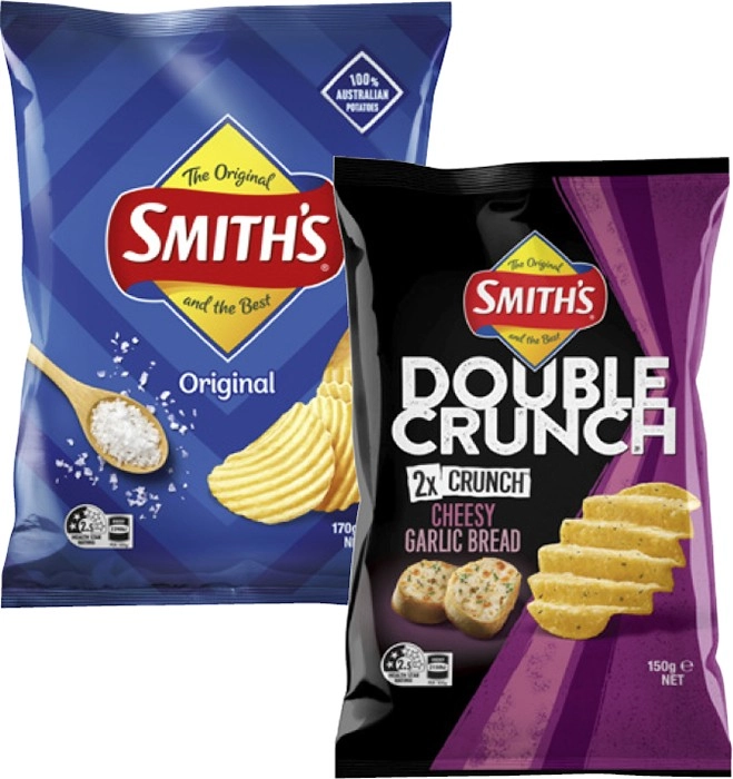 Smith's Crinkle Cut or Double Crunch Potato Chips 150g-170g