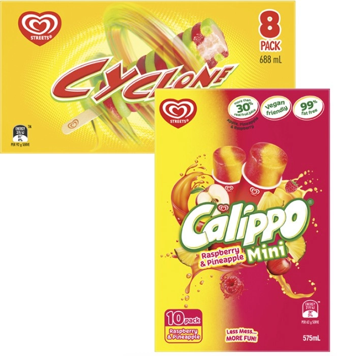 Streets Calippo 10 Pack 575mL or Streets Cyclone 8 Pack 688mL