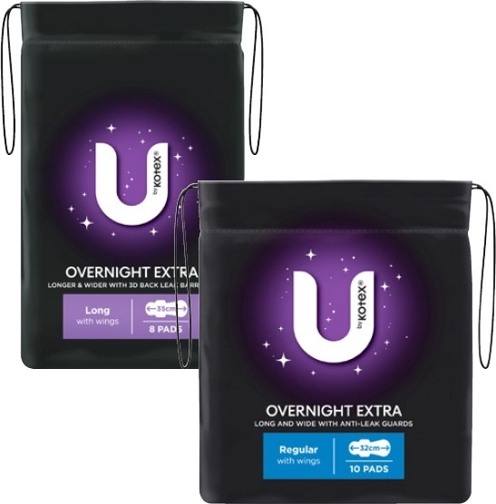 U By Kotex Overnight Extra Pads with Wings 10 Pack or Long 8 Pack