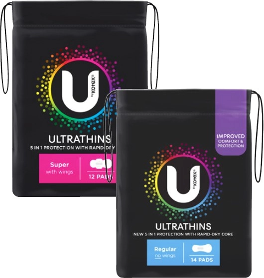 U By Kotex Ultrathin Pads with Wings Regular 14 Pack or Super 12 Pack