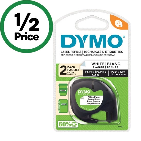 Dymo Letra Tag Labeller Paper Tape 12mm x 4m White Pk 2