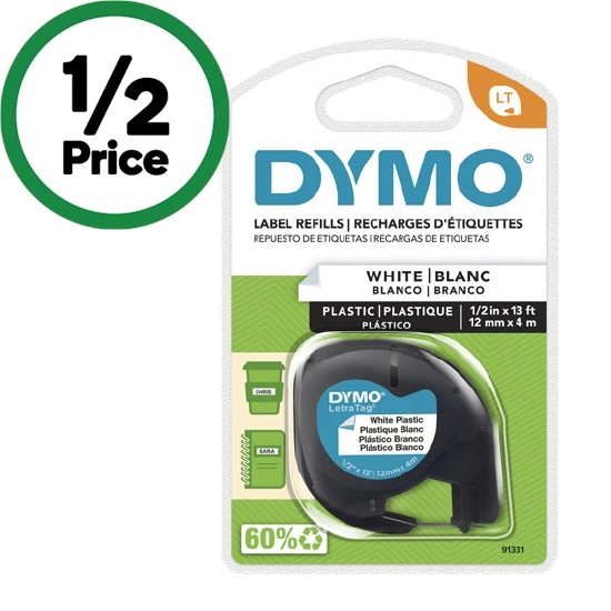 Dymo Letra Tag Labeller Plastic Tape 12mm x 4m White Pk 1