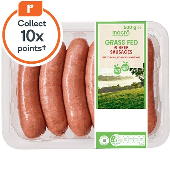 Macro Australian Grass Fed Beef or Extra Lean Beef Sausages 500g Pk 6