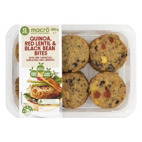 Macro Quinoa, Red Lentil & Black Bean Bites 360g Pk 12