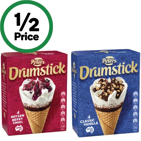 Peters Drumstick Ice Cream 475-490ml Pk 4/6 – Excludes Plant Based – From the Freezer