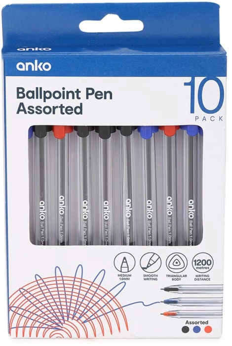 10 Pack Assorted Colours Ballpoint Pens