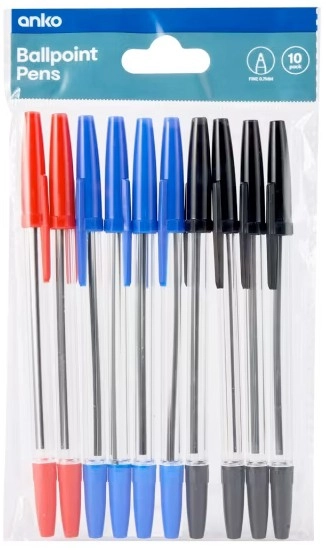 10 Pack Ballpoint Pens - Blue, Black and Red