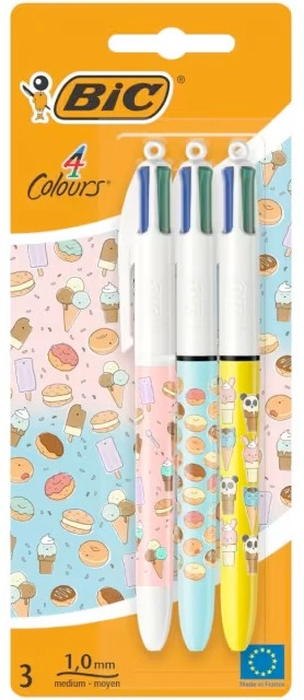 3 Pack BIC 4 Colours Ballpoint Pen - Cute Food Universe Series