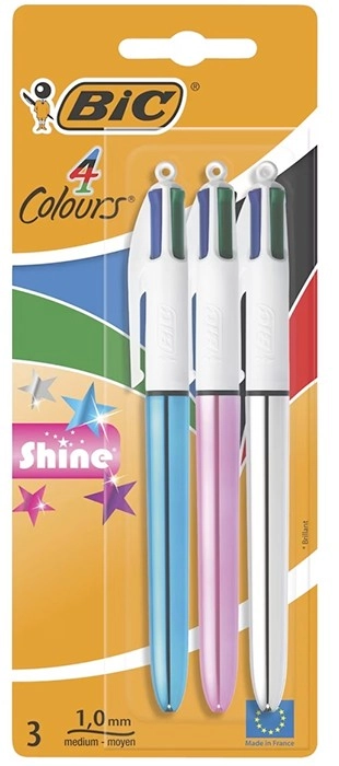 3 Pack BIC 4 Colours Shine Ballpoint Pen