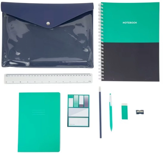 9 Pack Notebook and Stationery Set - Green, Blue and White