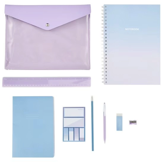 9 Pack Notebook and Stationery Set - Lilac, Blue and White