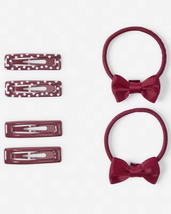 School Hair Clip and Mini Bow Hair Elastics Set - Burgundy