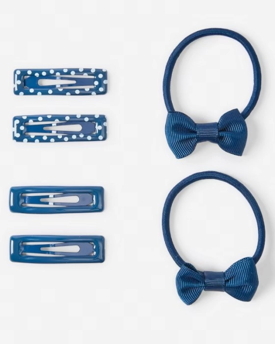 School Hair Clip and Mini Bow Hair Elastics Set - Navy Sapphire